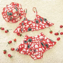 Для девочек 2 шт. комплект купальники+ шапка детская свежие цветы бикини Одежда для маленьких девочек оборками купальники 0-5yrs