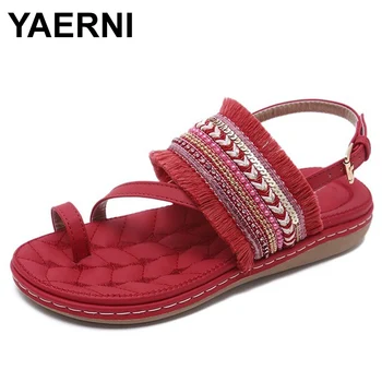 

YAERNI Women sandals bohemia Female Slip-on Casual Comfortable ladies Flat shoes Soft bottom plus size woman sandals 35-42