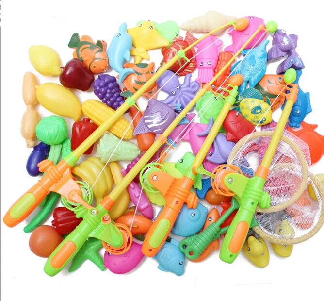 

69pcs/set One big set of magnetic fishing toy comes with 40 fish,20 vegetable and fruit,3, duck,4 fishing rods, 2 fishing nets