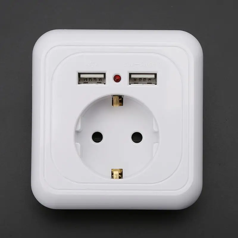 Wall Socket Power Outlet With Dual USB Ports LED Light White Panel EU