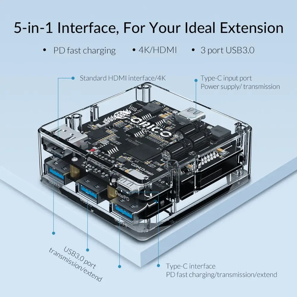 ORICO usb-хаб 5-в-1 Тип с разъемами типа C и Тип-C/HDMI/USB3.0 Порты Универсальная док-станция 6 Гбит/с USB C концентратор для Macbook huawei ноутбук