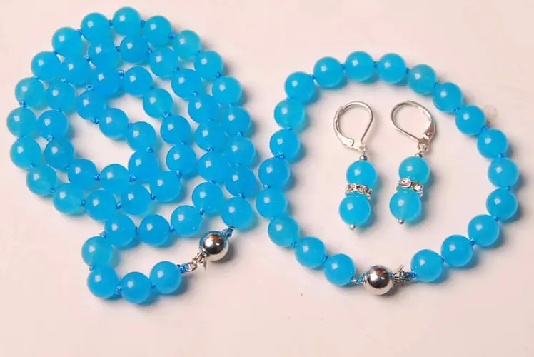 

Women Gift word Love women Fashion Jewelry 10MM Rould Blue Chalcedony Beads Necklace +Bracelet + Earrings Set Fashion Jewelry Se