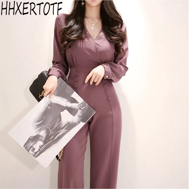 

Jumpsuit Women V-Neck Spring Jumpsuit 2019 Office Work Wear Female Long Elegant Jumpsuits Rompers