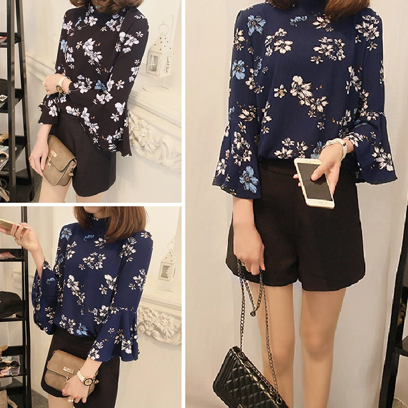 Summer Elegant Ruffle Blouse Flare Women Tops Short Sleeve Floral Printed Chiffon Bow Tie Office Petal Blouse Femme 2 Colour