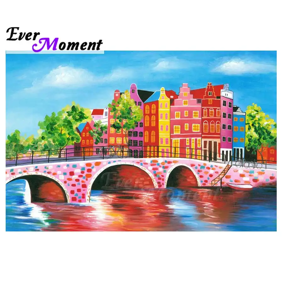 Ever Moment Алмазная картина красочное здание мост изображение реки Стразы мозаика