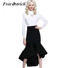 Свободная Ostrich модная Асимметричная Женская юбка с оборками, шифоновая, с разрезом, рыбий хвост, однотонная, до середины икры, завышенная талия, элегантная женская юбка