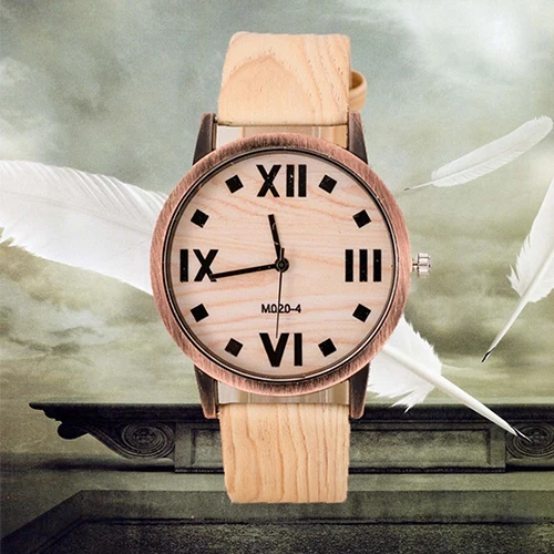 Classic Wood Pattern Roman Number Faux Leather Band Casual Quartz Wrist Watch 3