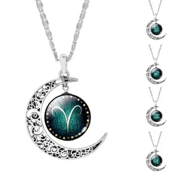 

Vintage Jewelry Silver Color with Zodiac Glass Cabochon Choker Crescent Moon Pendant Long Necklace for Women Christmas Gift