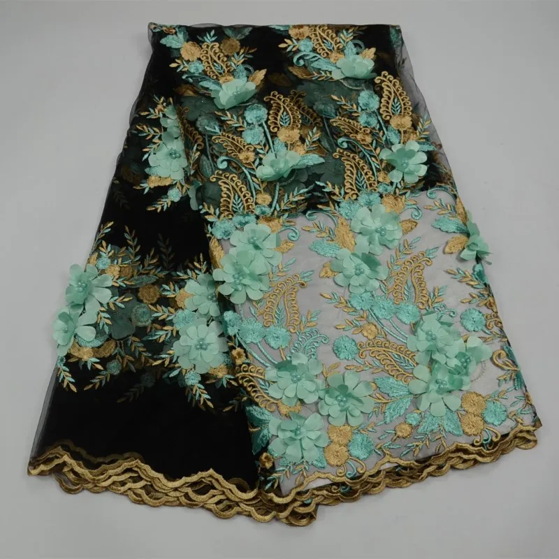 

Arican new design cheap price net lace fabric BLACK TEAL GREEN 3d flowers french lace fabric 5 yards per lot beaded stones