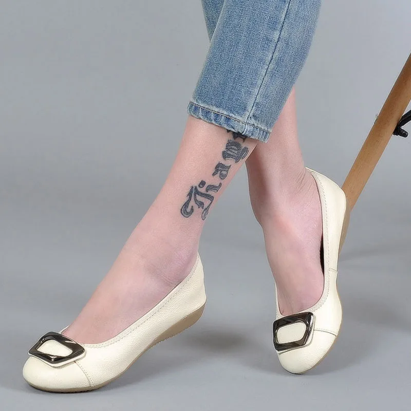 2018 Spring Flats Women Metal Decoration Loafers Genuine Leather Slip On Ballet Flat Shoes For Woman Plus Size Mocasines Mujer (5)