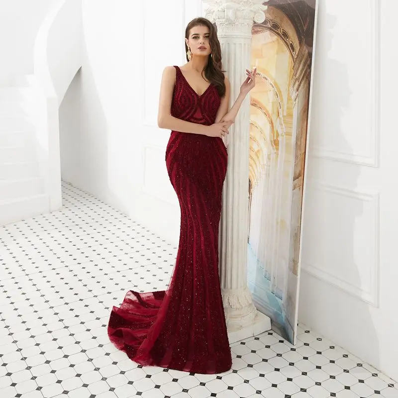 

Mermaid Evening Dress with train luxury rhinestones graduation Party gown for bridal shower wine red prom Dress vestido de festa