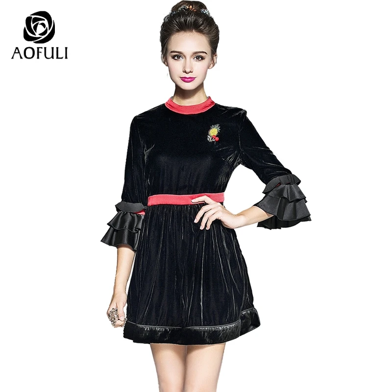 

S- 4XL 5XL Vintage Ladies Velvet Dresses Autumn 3D Fruit Cascading Ruffle Flare Sleeve Pleated Party Dress Black Brand 5976