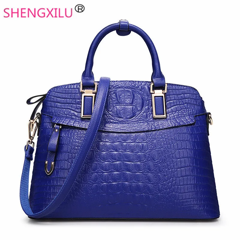 

Shengxilu crocodile leather women bags blue brand female totes fashion ladies handbags big girls crossbody messenger bags