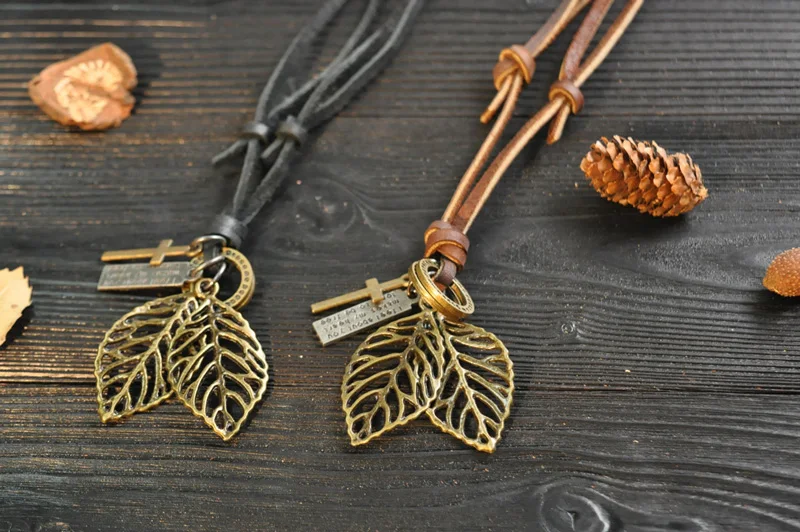 NIUYITID Vintage Hollow Leave Pendant & Necklace Men's Genuine Leather Rope Charm Male Jewelry Friendship Gifts For Women (8)