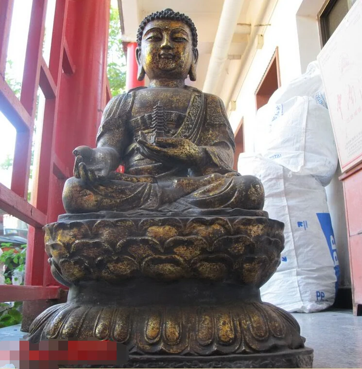 

33"Huge Tibetan bronze gilded Tathagata Sakyamuni hold pagoda Buddha Statue