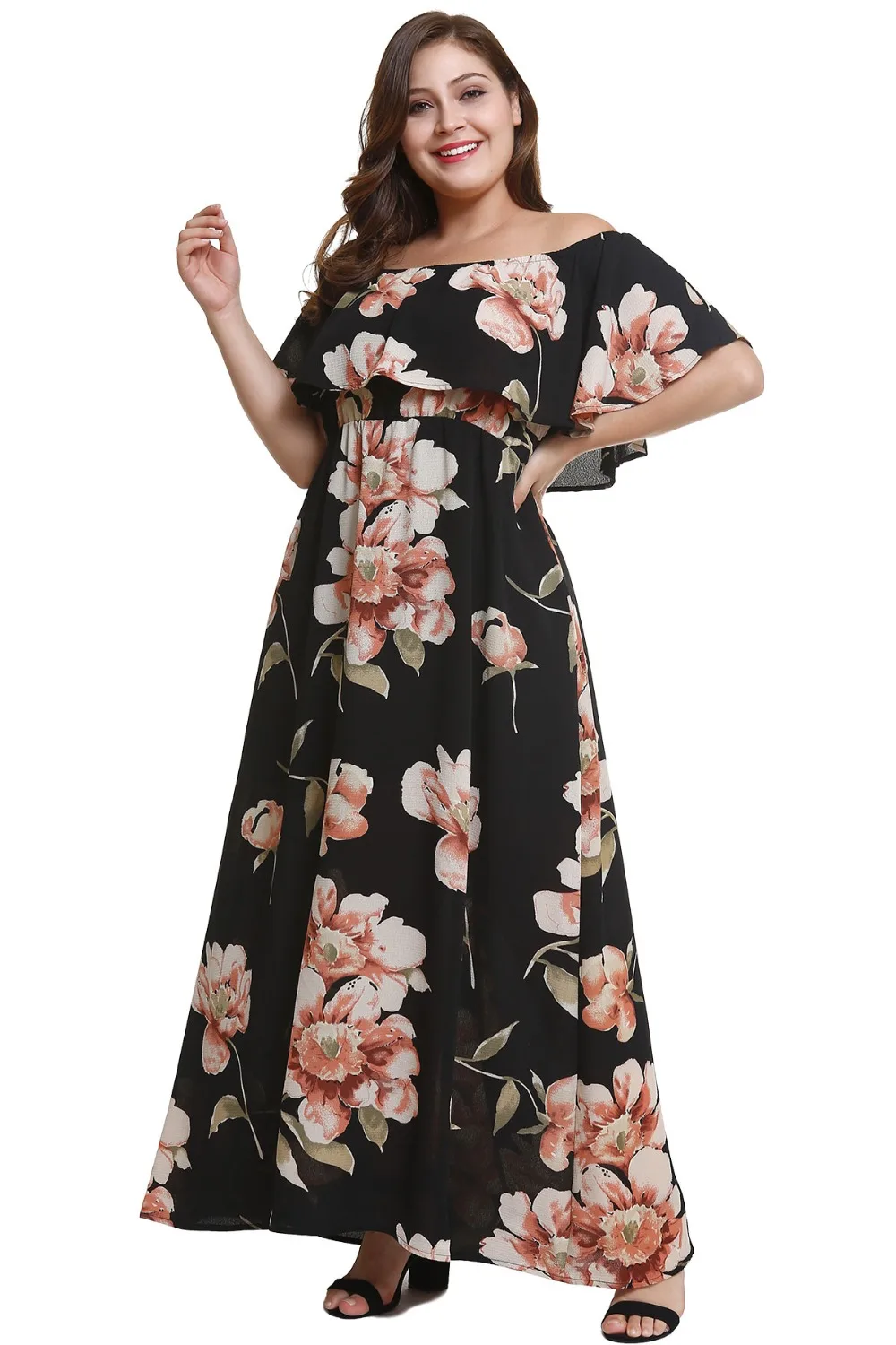 Gladiolus Sexy Off Shoulder Ruffles Women Slash Neck Floral Print Pocket Summer Maxi Dress Casual Plus Size Robe Femme Ete 2018 (15)
