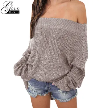 

Gold Hands New Sweater Women Candy Colors Sweaters Shoulder Off Knitted Pullovers Female Loose Slash Neck Streetwear Casual