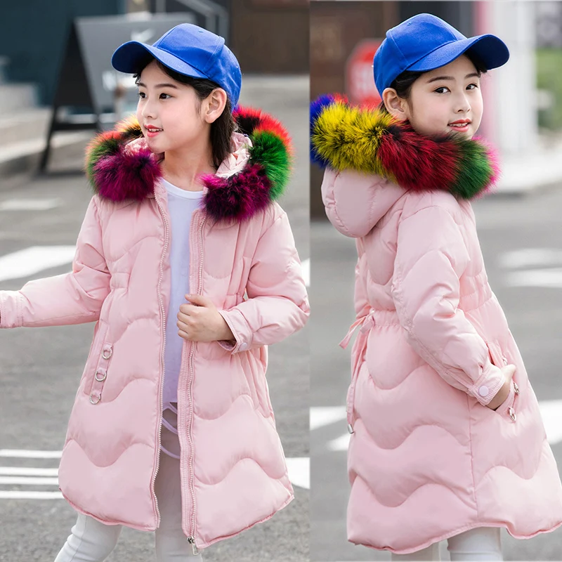 

XYF1806 Girl Winter 100% White Duck Down Coat Child 7 color fur collar Keep Warm Thick Hooded Jacket Long Outerwear Windbreaker