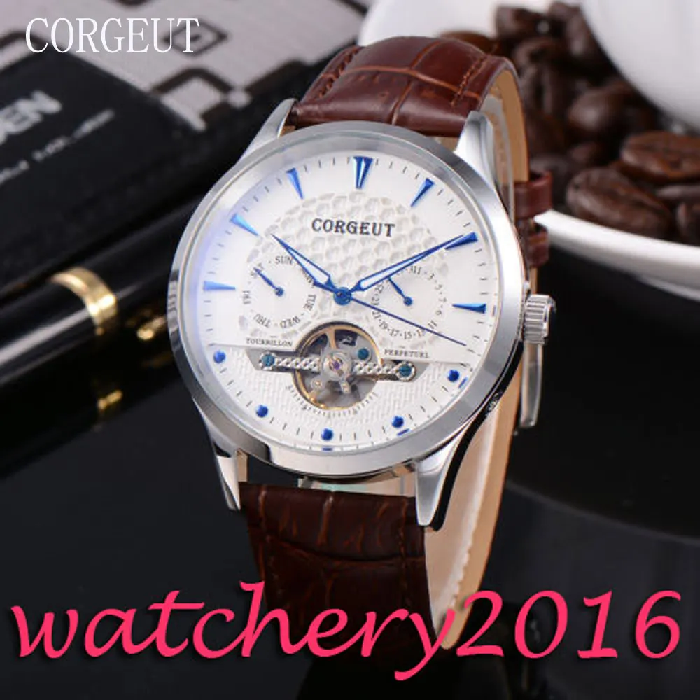 

Casual Corgeut 44mm White Dial Blue Markers polished bezel Automatic movement Men's Watch