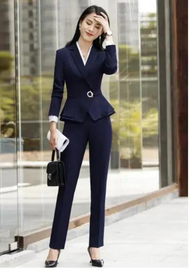 navypantsuit Большие размеры Элегантные зимние женские брючные костюмы комплект из двух предметов формальный длинный рукав Тонкий Блейзер и брюки офисные женские большие размеры - Цвет: navypantsuit