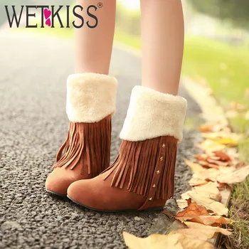 

WETKISS Super Keep Warm Winter Ankle Boots Thick Heel Snow Shoes Round Toe Plush Female Bootie Platform Fringe Thermal Shoes Hot