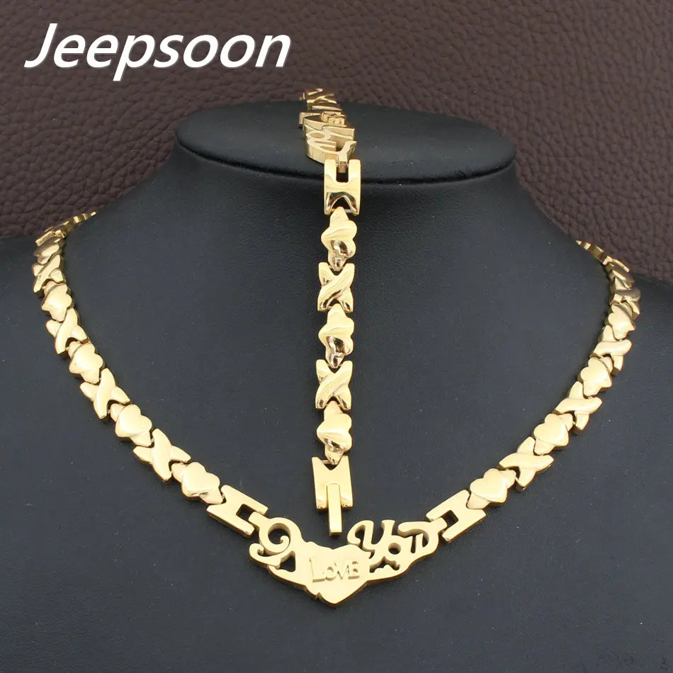 

Hot Sell Wholesale Newest Fashion Stainless Steel Metal Silver and gold color Heart Necklace And Bracelet Jewelry Set SFKGCRFI