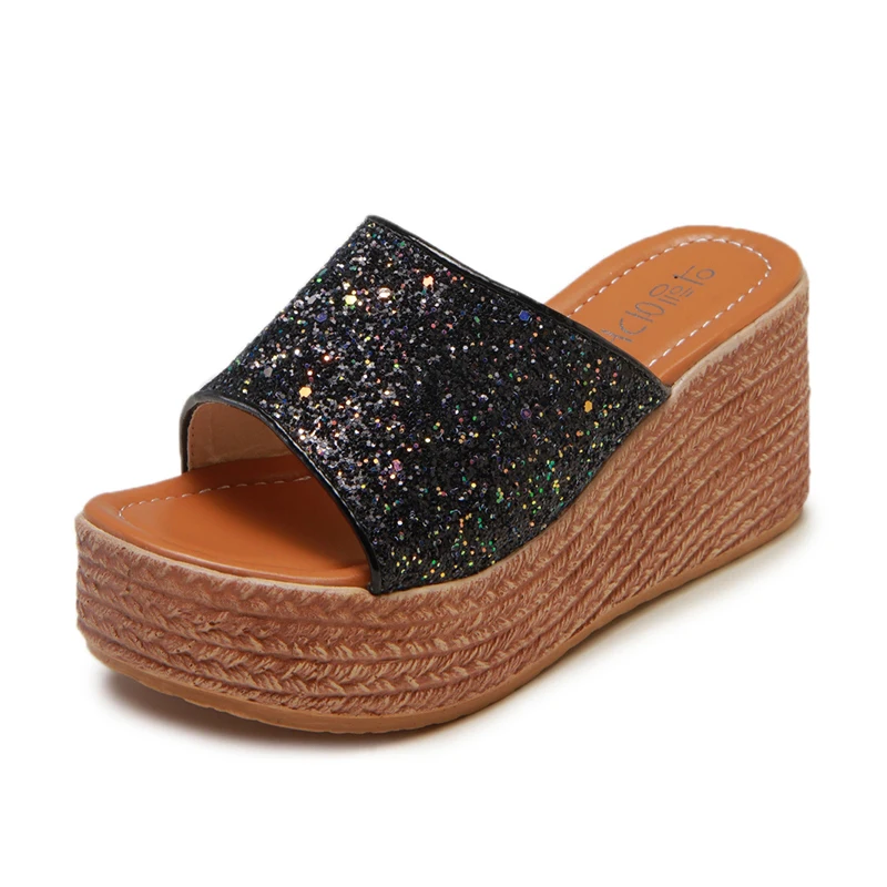 

New Women Slippers Fashion Peep Toe Glitter Platform Wedges Slides Summer Thick Bottom Casual Women Sandals Zapatos Mujer E999
