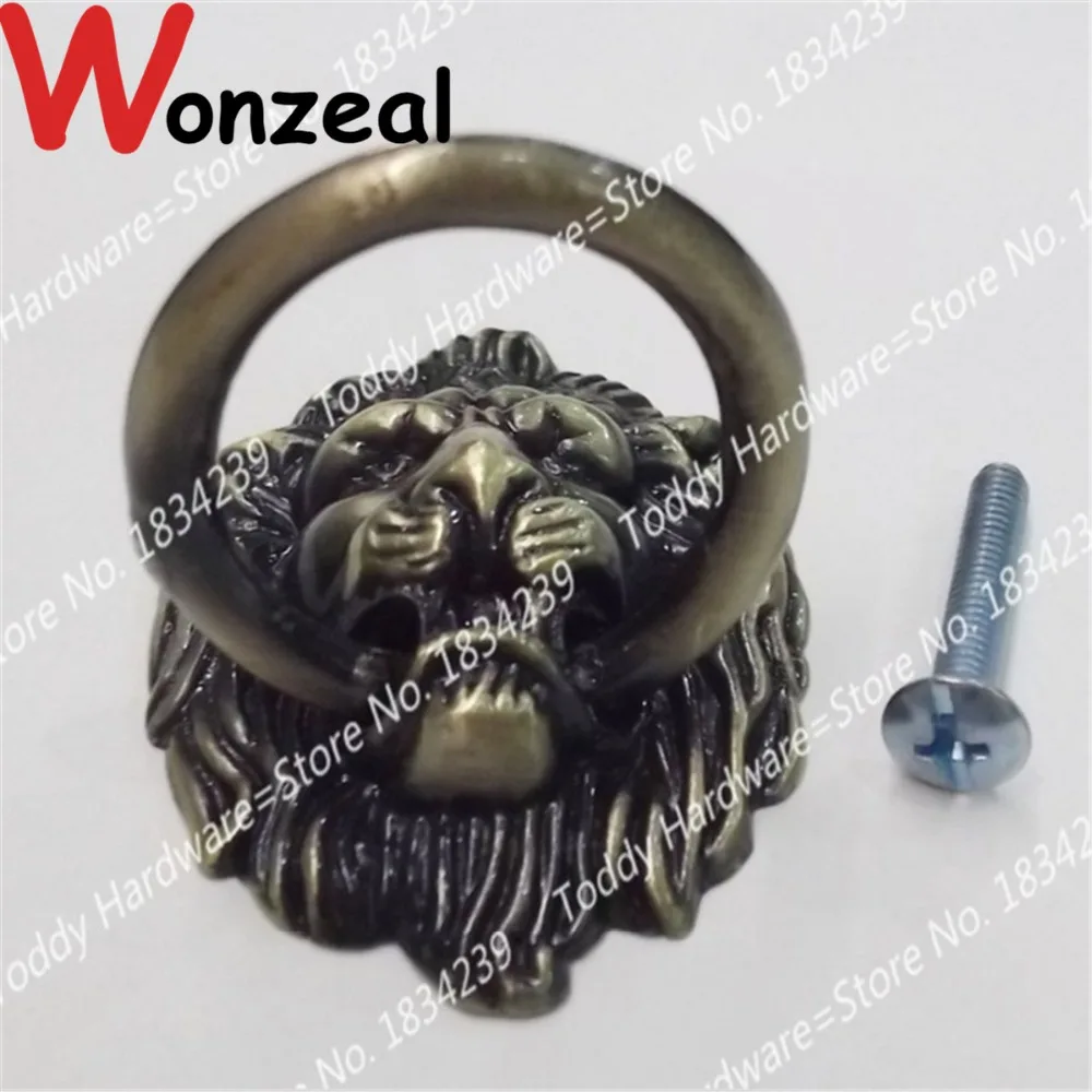 Length 67mm Antique Brass Ring Handles Vintage Bronze Metal Lion Head Knob Furniture Door Cabinet Dresser Drawer Pull