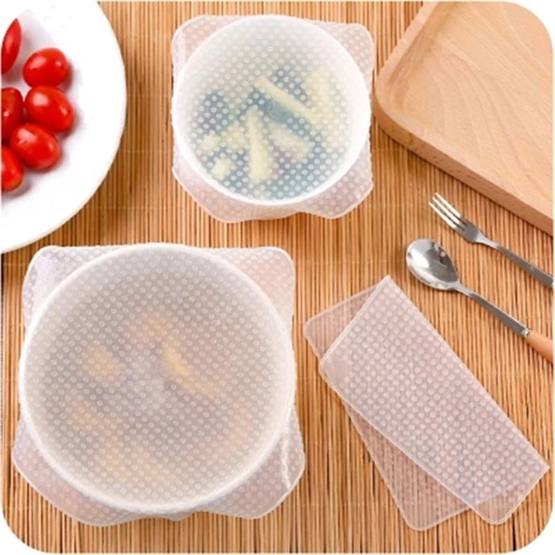 4Pcs/set Multifunctional Silicone Food Wrap Reusable Keeping Food Fresh Saran Wrap Clear Reusable Silicone Wraps Stretch Wrap