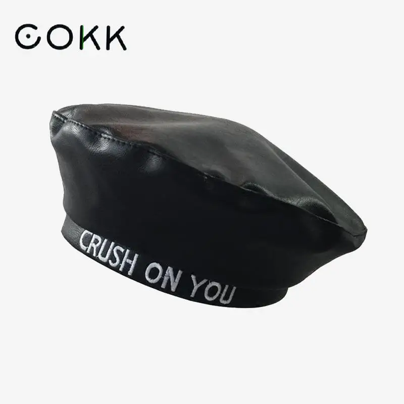 

COKK Leather Beret Women Black Pu Leather Flat Cap Hat Letters Female Beret Painter Cap Ladies Boina Feminina Gorras Winter Hats