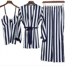Новые весенние женские пикантные пижамные наборы атласное с длинными рукавами Полосатое ночное белье 3 шт подтяжки+ брюки+ халат S элегантное ночное белье
