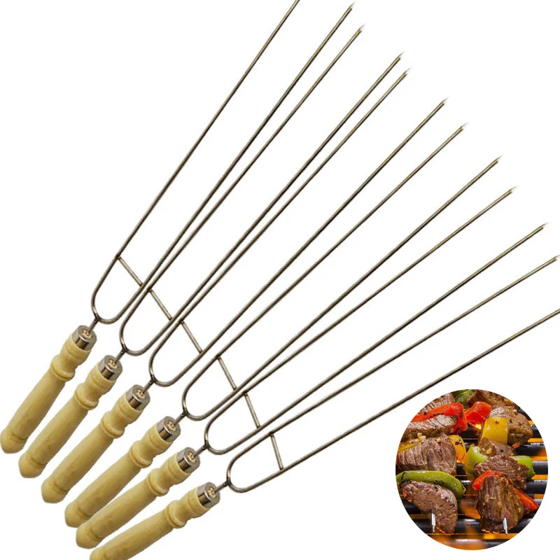 39cm Stainless Steel BBQ Skewers Barbecue Meat Fork Wooden Handle