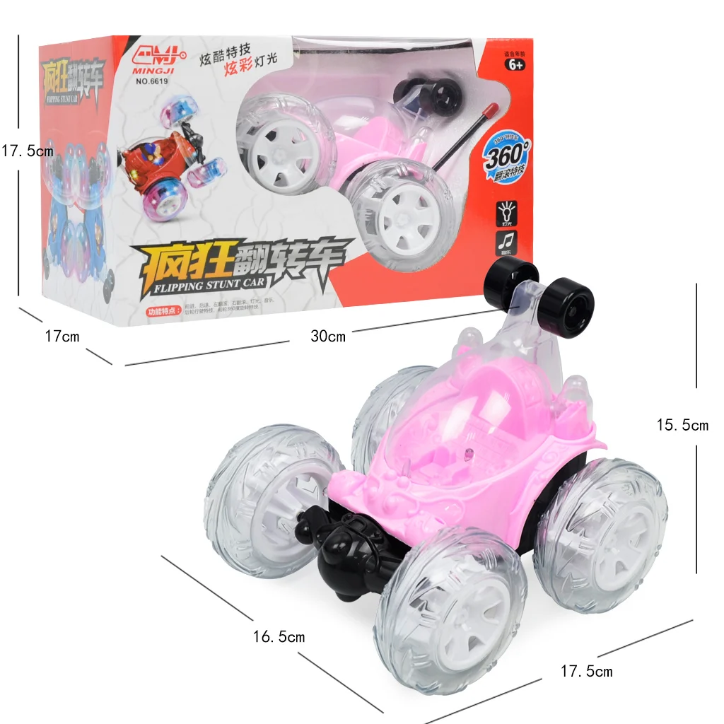 Fun Acrobatic Stunt RC Car, Radio-Controlled Rechargeable Vehicle with Flashing LED Lights & Music Switch Toy Kids Pink