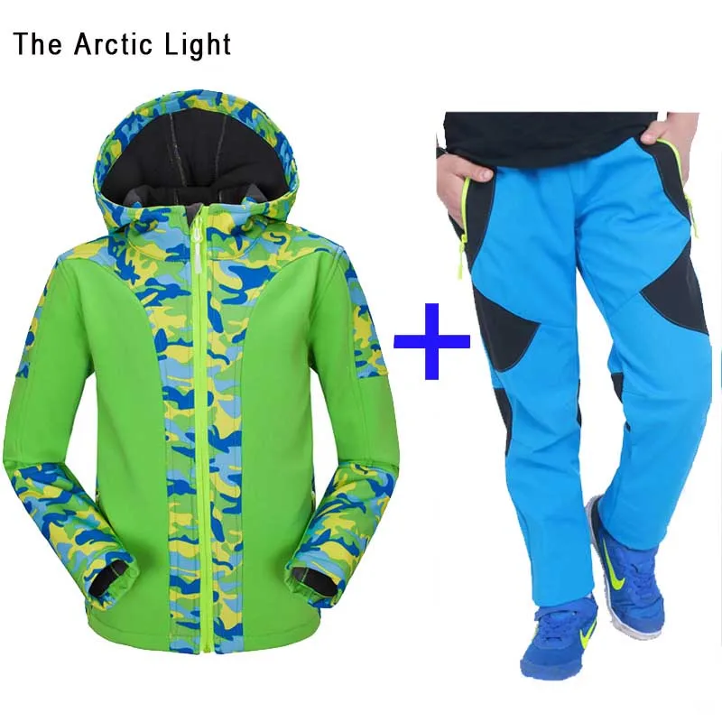 Флисовые куртки Aad, брюки, костюм для кемпинга, пеших прогулок, ветрозащитная верхняя одежда, осенне-зимнее пальто и брюки с капюшоном для мальчиков и девочек, высокое качество - Цвет: Зеленый