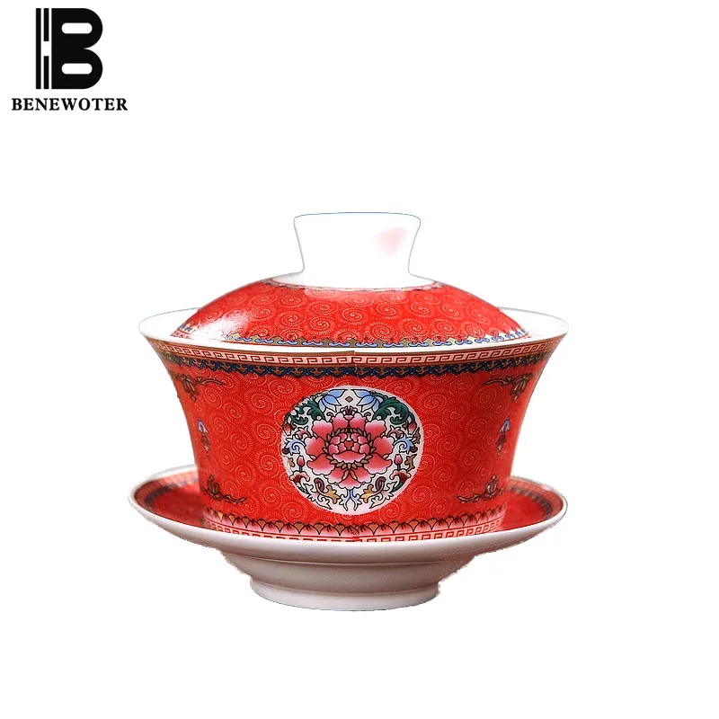 

330cc Chinese Style Hand Painted Ceramic Porcelain Gaiwan Auspicious Pattern Tea Bowl with Lid Saucer Kit Drinkware Sent Friends