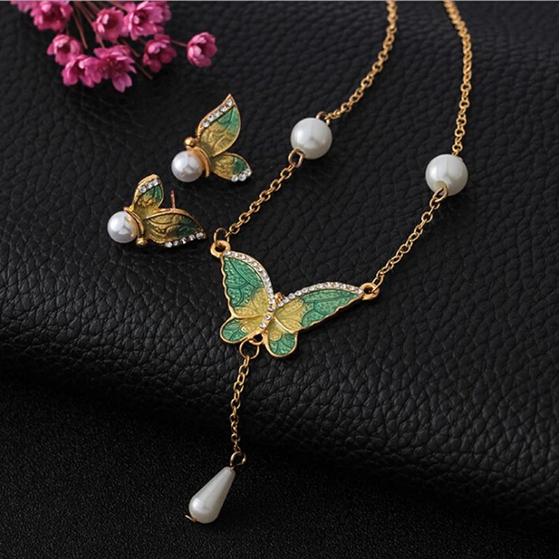 Butterfly Imitation Pearls Necklace Earrings Animal Jewelry Sets For Women Wedding Bridal Jewelry Sets Wedding Accessories