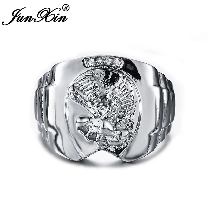 JUNXIN Gorgeous Eagle Rings For Men Women 925 Sterling Silver Filled Male Power Symbol Wide Thumb Finger Ring Inlay Zircon Gift