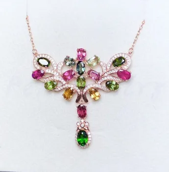 

Natural tourmaline necklace with pendant Free shipping 925 sterling silver 0.5ct*16pcs 0.9ct*1pc gemstone #BL18121104