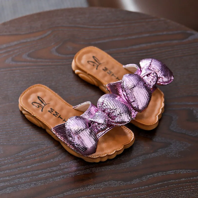 

KissMud 2019 Summer Kids Fashion Slippers Baby Girls Pink Bowtie Soft Slippers New Children Non-Slip Purple House Shoes