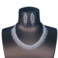Новый Изысканный полный блестящими стразами Цепочки и ожерелья серьги Свадебные вечерние ювелирные изделия из серебра комплекты