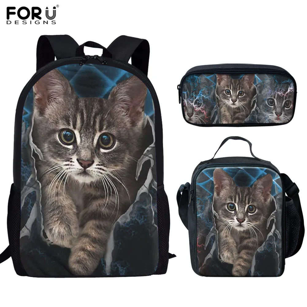 FORUDESIGNS School Bags Student Girls 3pcs 3D Cat Kitty Pattern Orthopedic Satchel Backpack Pencil Book Bag Teenagers Rucksack