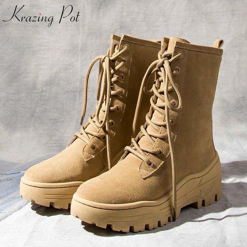 

Krazing Pot 2019 cow suede thick high heels round toe cowboy motorcycle boots lace up luxury leisure sole mid-calf boots L6f2