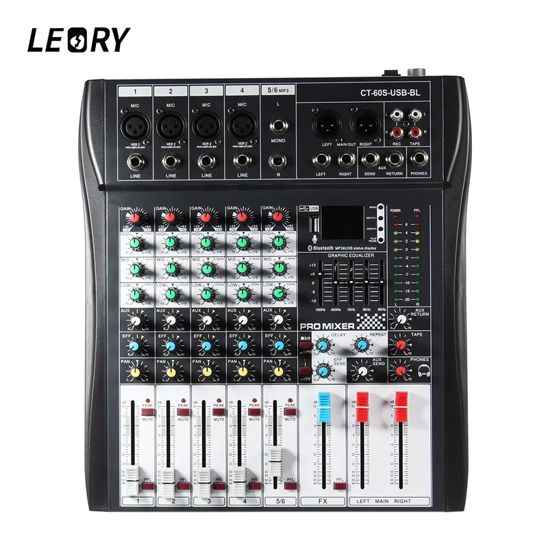 

LEORY Professional Karaoke Audio Mixer bluetooth 6 Channel Microphone Sound Mixing Amplifier Console 48V Phantom Power With USB