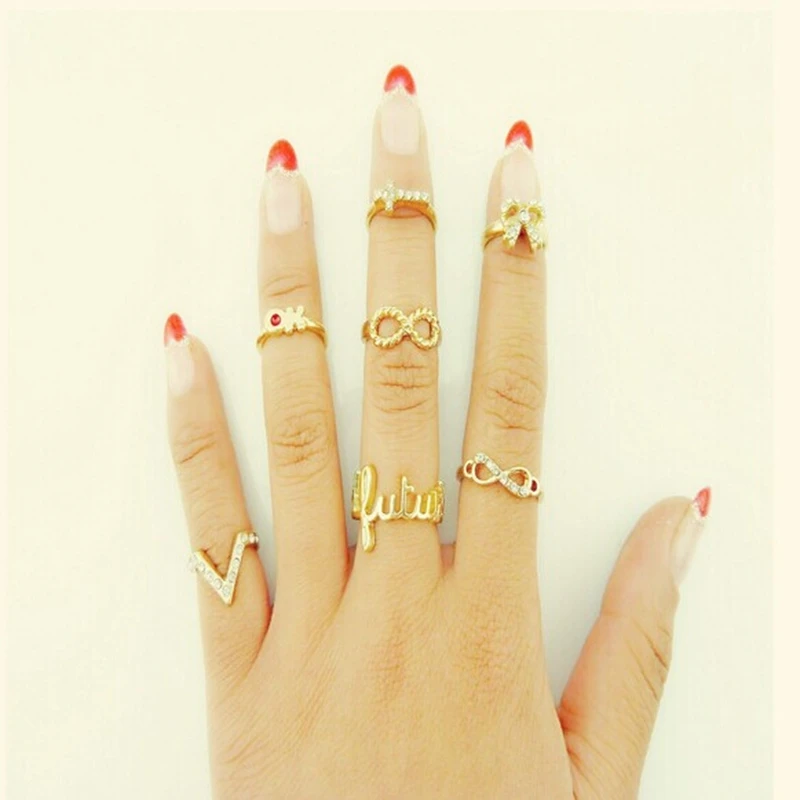 

New Personality Rhinestone Gold Rings for Women Letter Geometric Bow Hollow Stainless Steel Wedding Ring Set Yuzuk