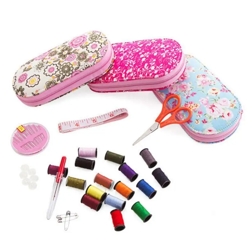 Portable travel sewing kit box with color needle threads pin scissor