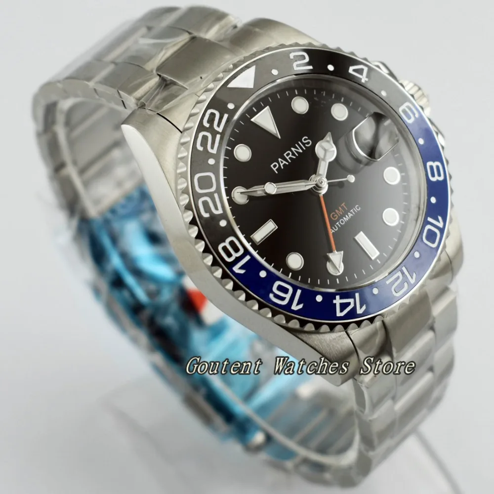 

40mm Parnis Sapphire Glass Wristwatch GMT Ceramic Bezel Black Dial Automatic Men's Watch