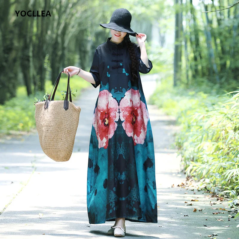 

Women Cotton Linen Print Boho Dress 2018 Autumn Loose Mandarin Collar Half sleeve dresses vintage Casual large size dress Robe