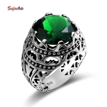 Szjinao Real 925 Sterling Silver 13*13m Round Wedding Emerald Men's Ring Gemstone Birthday Stone Vintage Unisex Turkish Jewelry