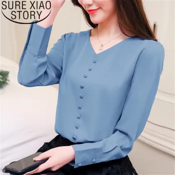 

womens tops blouses blusas mujer de moda 2019 korean fashion clothing chiffon blouse Button Solid V-Neck white blouses 2308 50