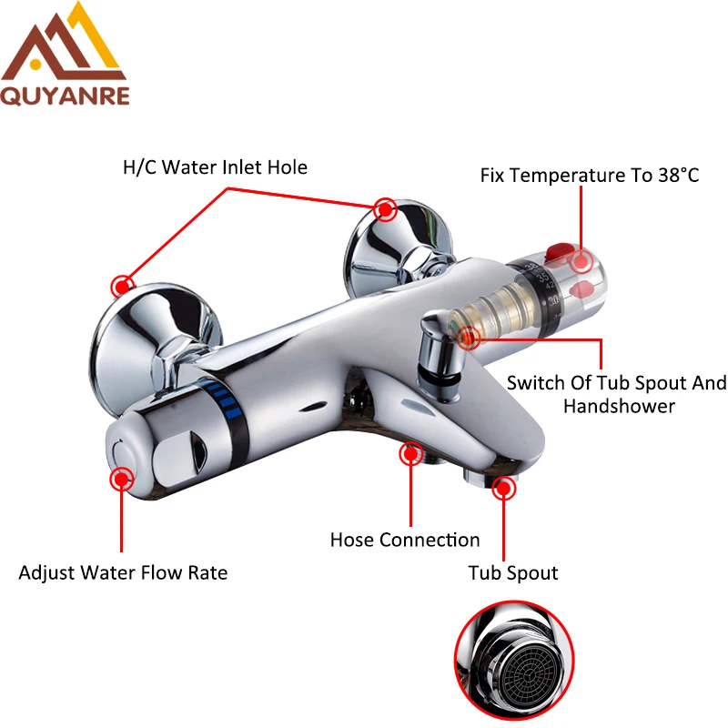 Quyanre RU Термостатические Смесители для душа набор хромированные двойные ручки латунный термостатический смеситель для ванной комнаты Душ Torneira